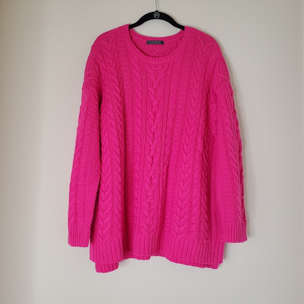 Lauren Ralph Lauren Womens Pink Sweater Size XL cableknit preppy knit Winter